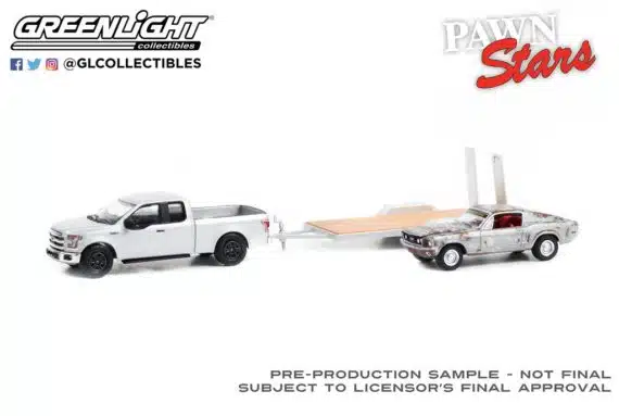 Greenlight 1/64 Hollywood Hitch & Tow Series 10 - History Pawn Stars 1968 Ford Mustang GT - 2015 Ford F-150 - Flatbed Trailer 31130-B