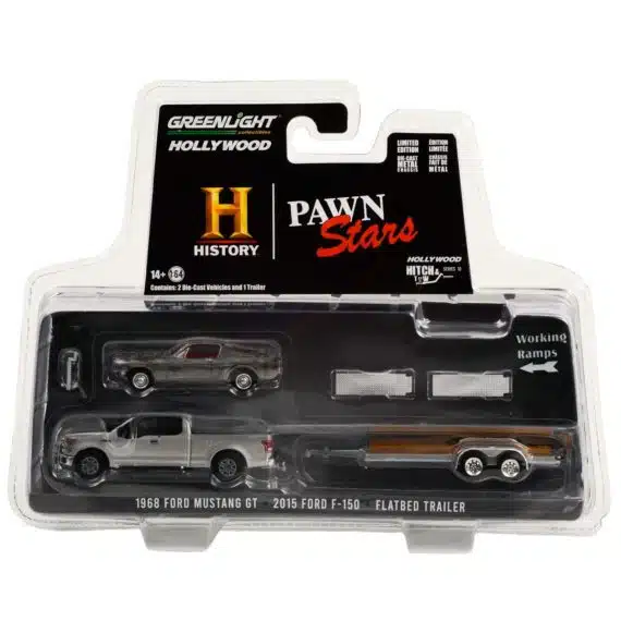 Greenlight 1/64 Hollywood Hitch & Tow Series 10 - History Pawn Stars 1968 Ford Mustang GT - 2015 Ford F-150 - Flatbed Trailer 31130-B