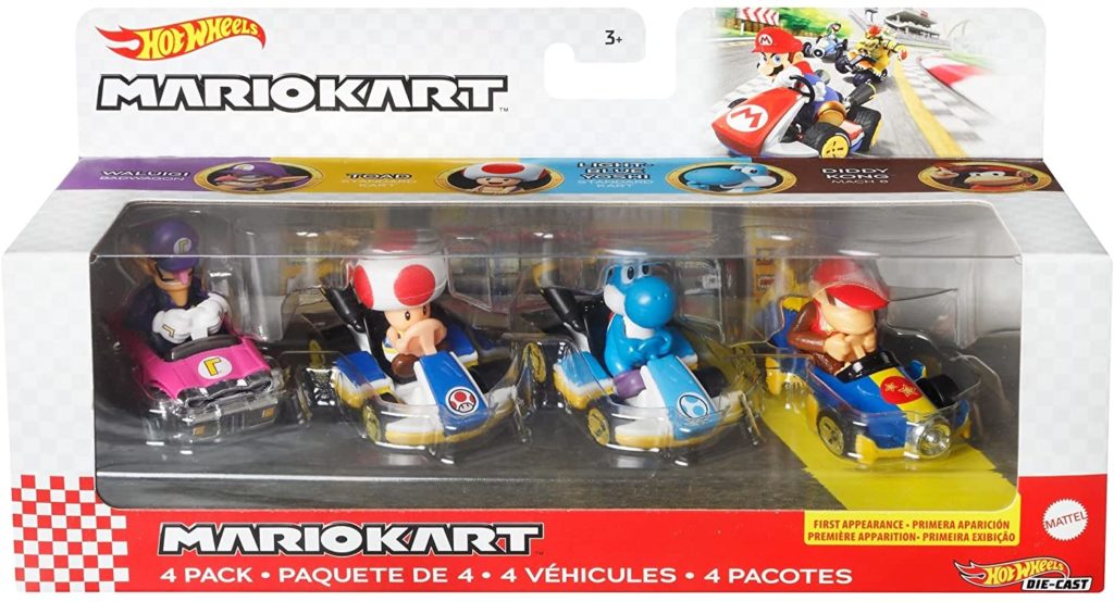 Hot Wheels Mario Kart 4 Pack Waluigi Toad Light-Blue Yoshi Donkey Kong 986D-GWB36