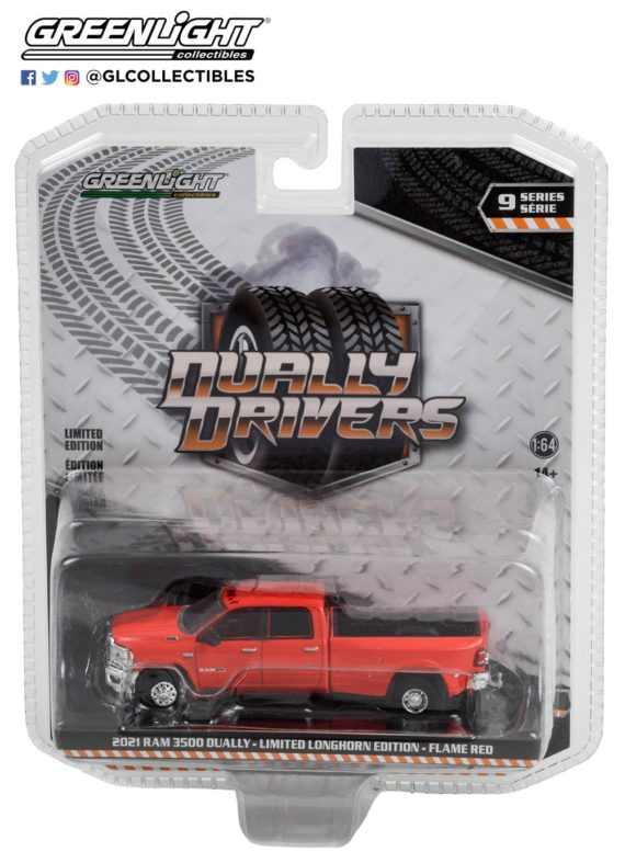 Greenlight 1/64 Dually Drivers Series 9 2021 RAM 3500 Dually - Limited Longhorn Edition - Flame Red 46090-E