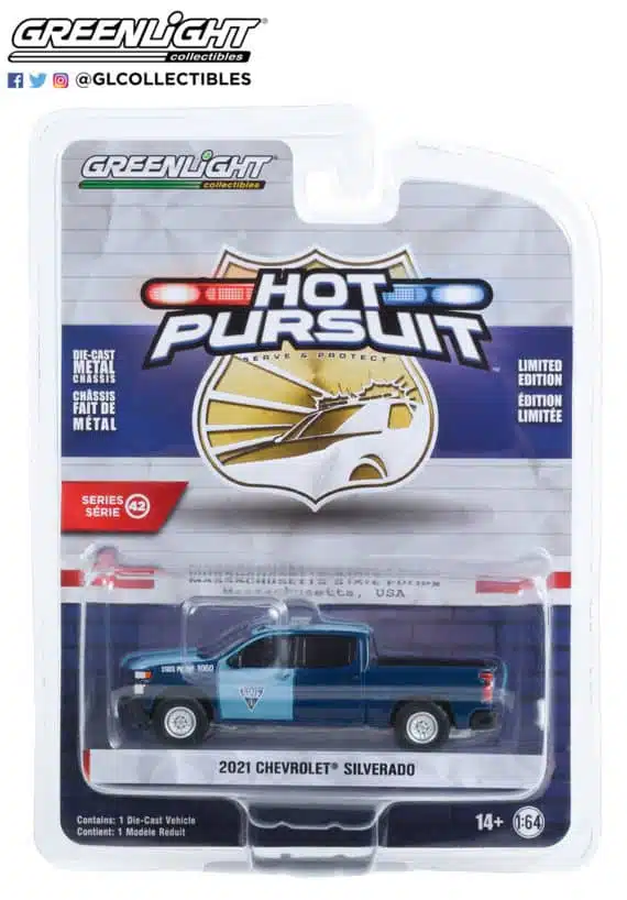 Greenlight 1/64 Hot Pursuit Series 42 Massachusetts State Police Massachusetts USA 2021 Chevrolet Silverado 43000-E