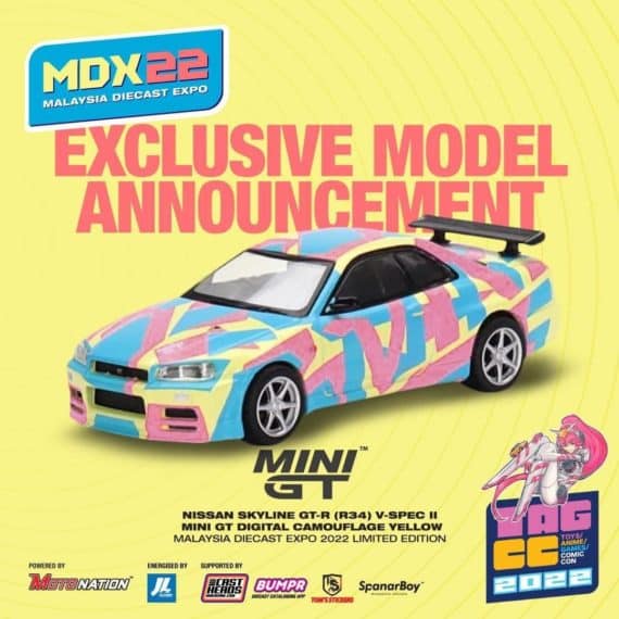 MINI GT 1/64 No.447 Nissan Skyline GT-R (R34) V-Spec II MINI GT Digital Camouflage Yellow 2022 Malaysia Diecast Expo Limited Edition MGT00447-R