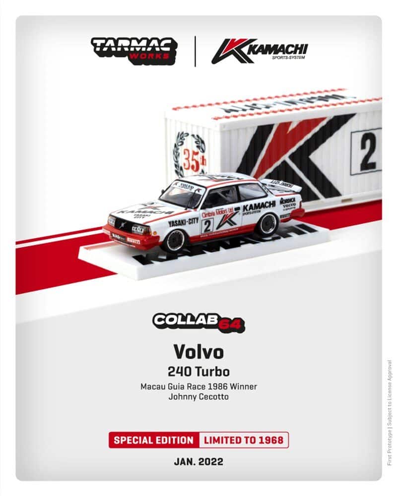 Tarmac Works 1/64 COLLAB64 Tarmac Works X Kamachi Volvo 240 Turbo Macau Guia Race 1986 Winner