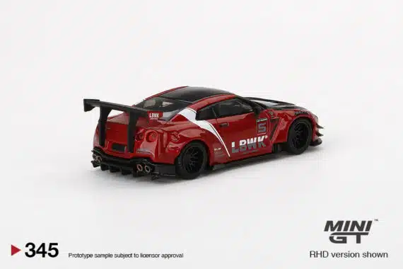 MINI GT 1/64 No.345 LB★WORKS mijo Exclusives Nissan GT-R R35 Type 2, Rear Wing ver 3 , Red, LB Work Livery 2.0 MGT00345-MJ (แพ็คแขวน)
