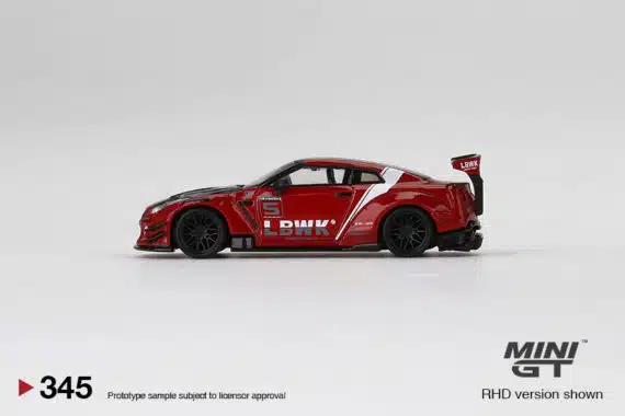 MINI GT 1/64 No.345 LB★WORKS mijo Exclusives Nissan GT-R R35 Type 2, Rear Wing ver 3 , Red, LB Work Livery 2.0 MGT00345-MJ (แพ็คแขวน)