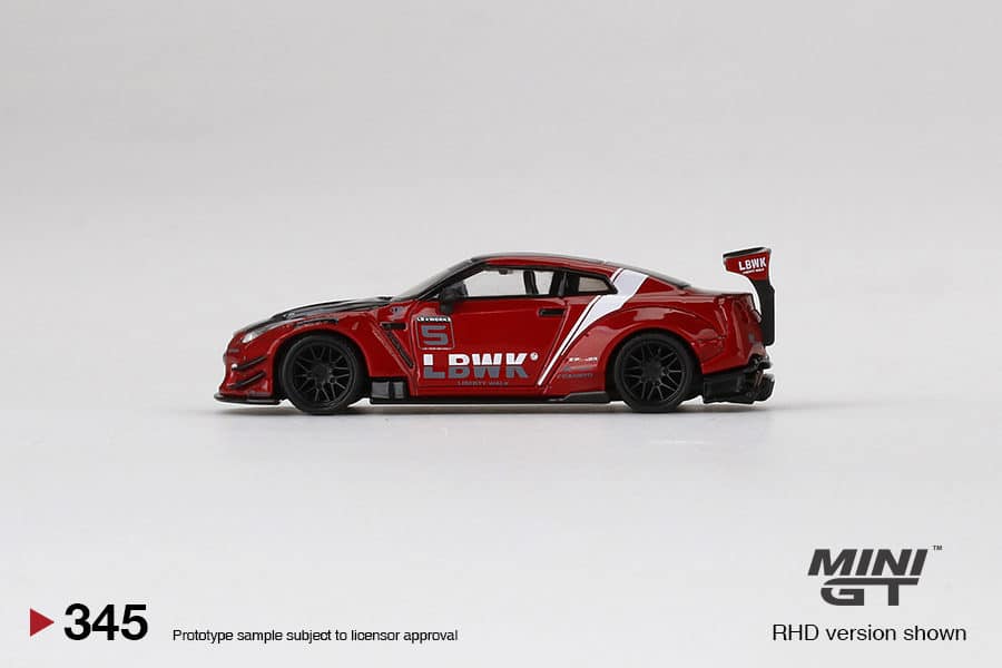 MINI GT 1/64 No.345 LB★WORKS mijo Exclusives Nissan GT-R R35 Type 2, Rear Wing ver 3 , Red, LB Work Livery 2.0 MGT00345-MJ (แพ็คแขวน)