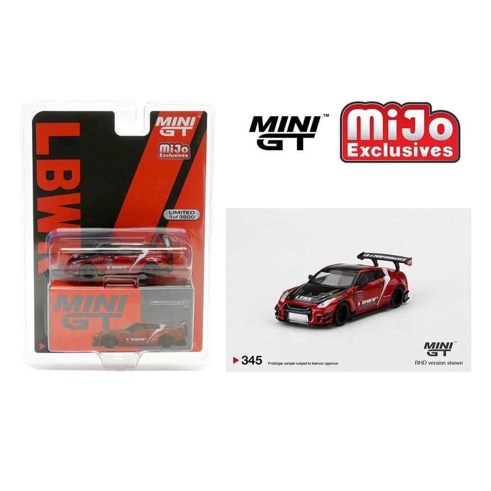 MINI GT 1/64 No.345 LB★WORKS mijo Exclusives Nissan GT-R R35 Type 2, Rear Wing ver 3 , Red, LB Work Livery 2.0 MGT00345-MJ (แพ็คแขวน)