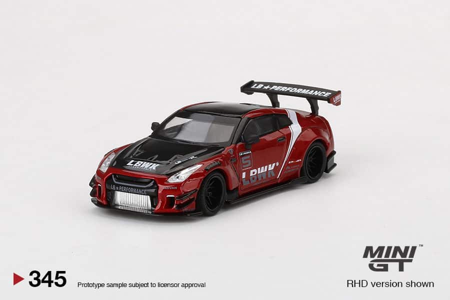 MINI GT 1/64 No.345 LB★WORKS mijo Exclusives Nissan GT-R R35 Type 2, Rear Wing ver 3 , Red, LB Work Livery 2.0 MGT00345-MJ (แพ็คแขวน)