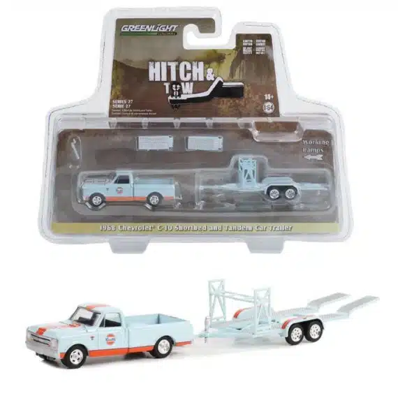 Greenlight 1/64 Hitch & Tow Series 27 - 1968 Chevrolet C-10 Shortbed and Tandem Car Trailer 32270-A