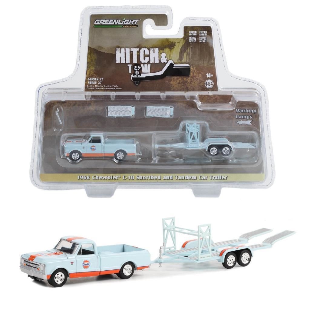 Greenlight 1/64 Hitch & Tow Series 27 - 1968 Chevrolet C-10 Shortbed and Tandem Car Trailer 32270-A