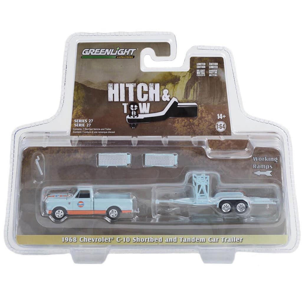 Greenlight 1/64 Hitch & Tow Series 27 - 1968 Chevrolet C-10 Shortbed and Tandem Car Trailer 32270-A