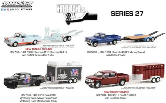 Greenlight 1/64 Hitch & Tow Series 27 - 2019 Ford F-150 XLT with Livestock Trailer 32270-D