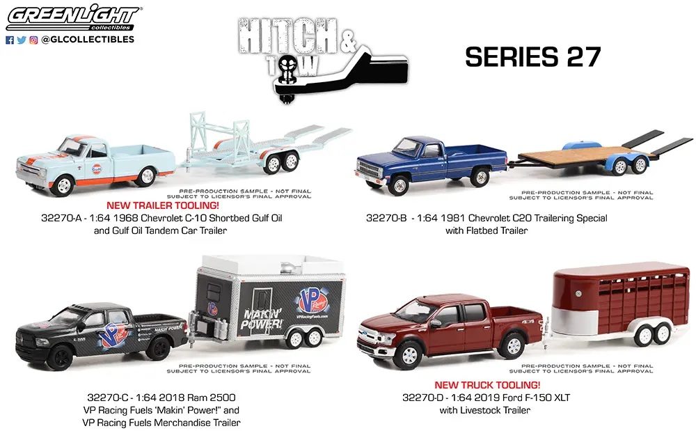 Greenlight 1/64 Hitch & Tow Series 27 - 2019 Ford F-150 XLT with Livestock Trailer 32270-D