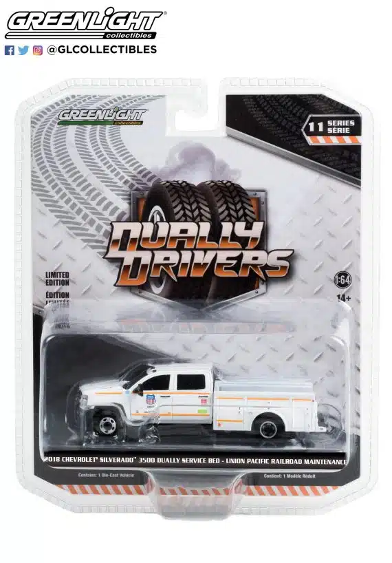 Greenlight 1/64 Dually Drivers Series 11 - 2018 Chevrolet Silverado 3500 Dually Service Bed - Union Pacific Railroad Maintenance 46110-C