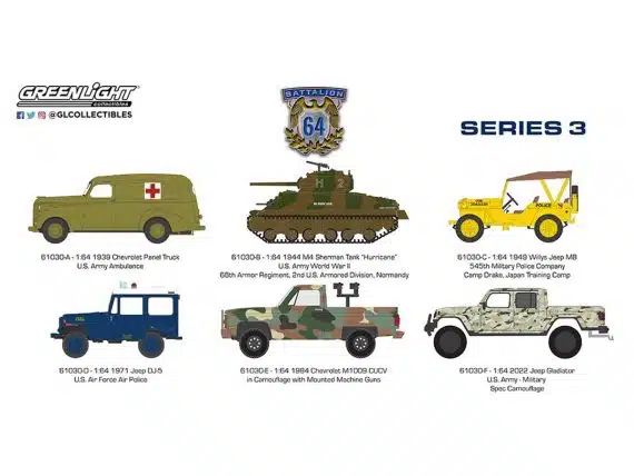 Greenlight 1/64 Battalion 64 Series 3 - 1949 Willys Jeep MB - U.S. Army 61030-C