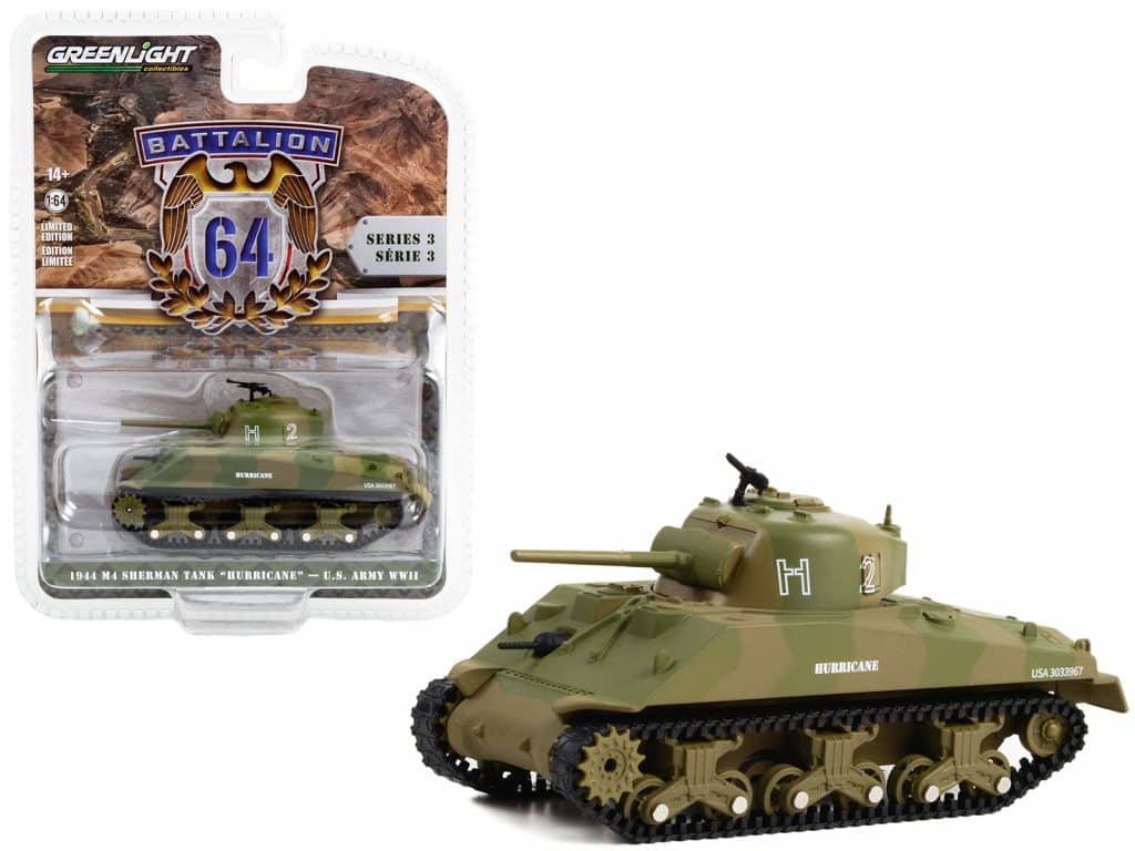 Greenlight 1/64 Battalion 64 Series 3 - 1944 M4 Sherman Tank Hurricane - U.S. Army WWII 61030-B