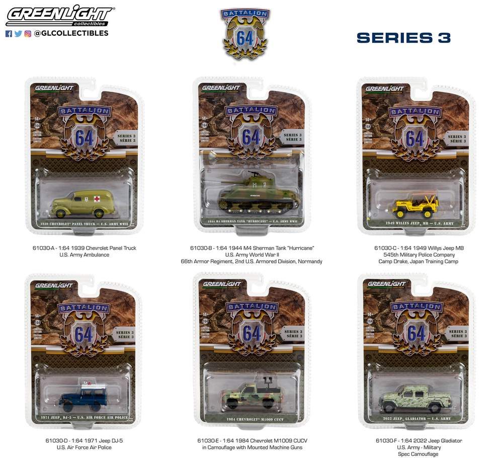 Greenlight 1/64 Battalion 64 Series 3 - 1944 M4 Sherman Tank Hurricane - U.S. Army WWII 61030-B