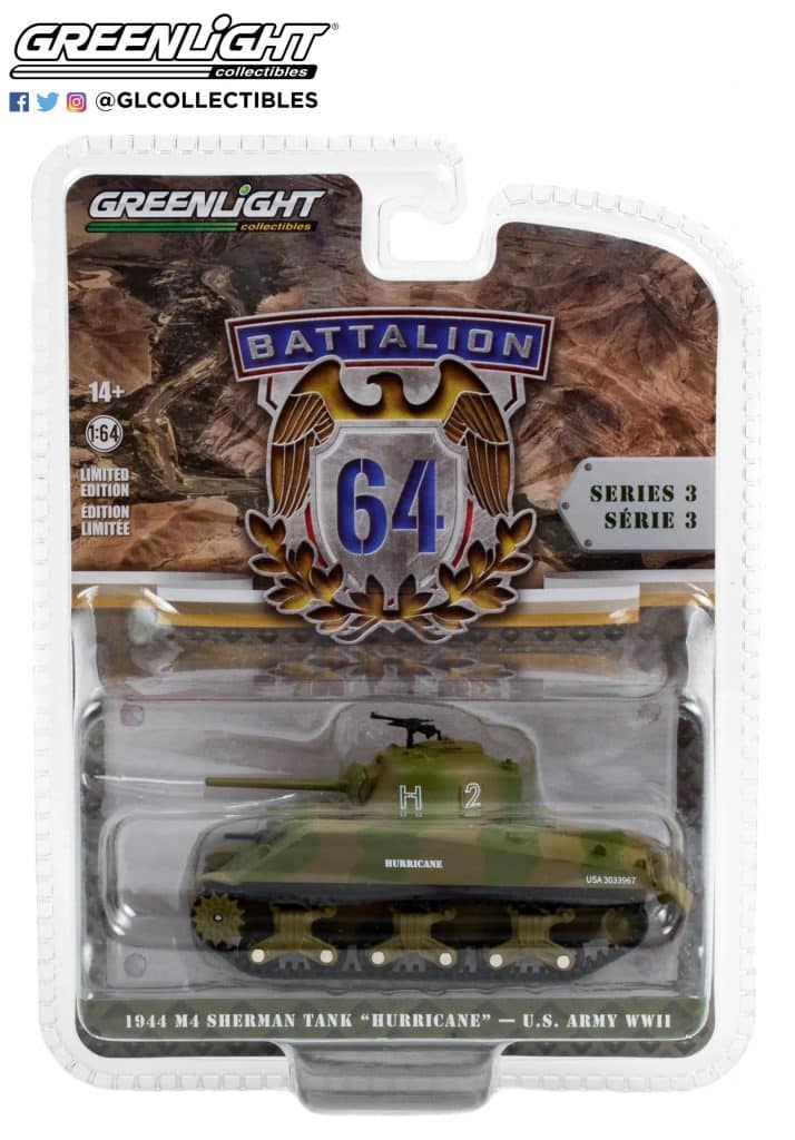 Greenlight 1/64 Battalion 64 Series 3 - 1944 M4 Sherman Tank Hurricane - U.S. Army WWII 61030-B