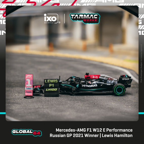 Tarmac Works 1/64 GLOBAL64 Mercedes-AMG F1 W12 E Performance Russian Grand Prix 2021 Winner 100th Win - Lewis Hamilton