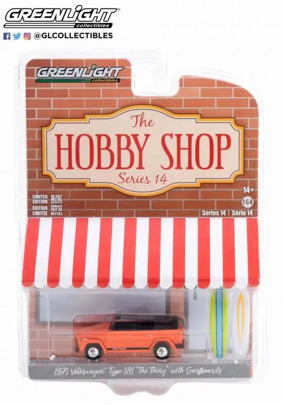 Greenlight 1/64 The Hobby Shop Series 14 - 1971 Volkswagen Type 181 The Thing with Surfboards 97140-C