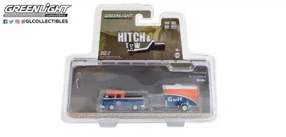 Greenlight 1/64 Hitch & Tow Series 28 - 1975 Volkswagen T2 Type 2 Double Cab Pick-Up with Small Cargo Trailer 32280-B