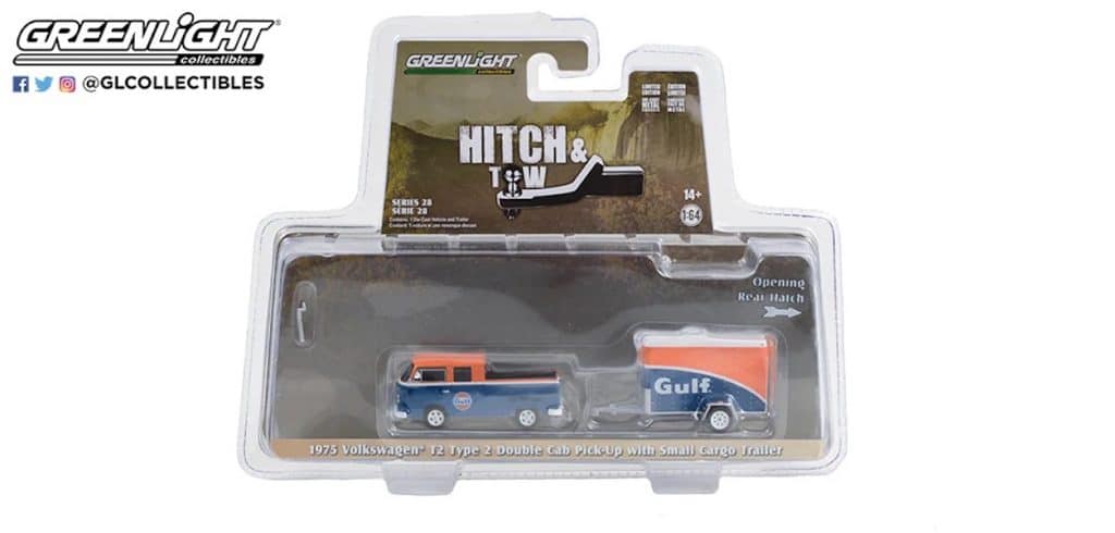 Greenlight 1/64 Hitch & Tow Series 28 - 1975 Volkswagen T2 Type 2 Double Cab Pick-Up with Small Cargo Trailer 32280-B