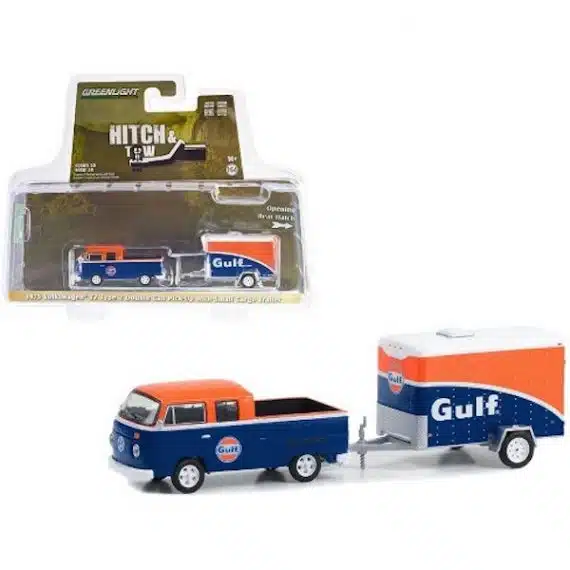Greenlight 1/64 Hitch & Tow Series 28 - 1975 Volkswagen T2 Type 2 Double Cab Pick-Up with Small Cargo Trailer 32280-B