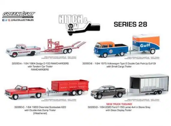 Greenlight 1/64 Hitch & Tow Series 28 - 2020 Ford F-150 Lariat 4x4 with Glass Display Trailer 32280-D