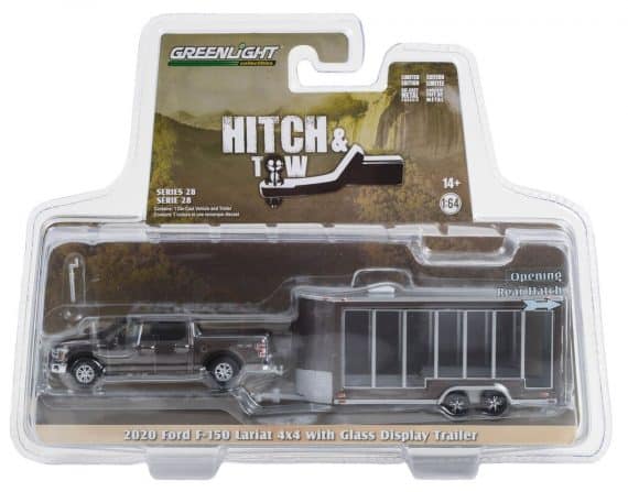 Greenlight 1/64 Hitch & Tow Series 28 - 2020 Ford F-150 Lariat 4x4 with Glass Display Trailer 32280-D