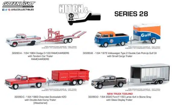 Greenlight 1/64 Hitch & Tow Series 28 - 1964 Dodge D-100 with Tandem Car Trailer 32280-A