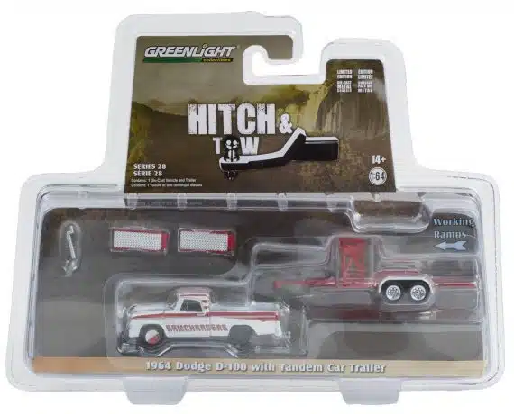 Greenlight 1/64 Hitch & Tow Series 28 - 1964 Dodge D-100 with Tandem Car Trailer 32280-A