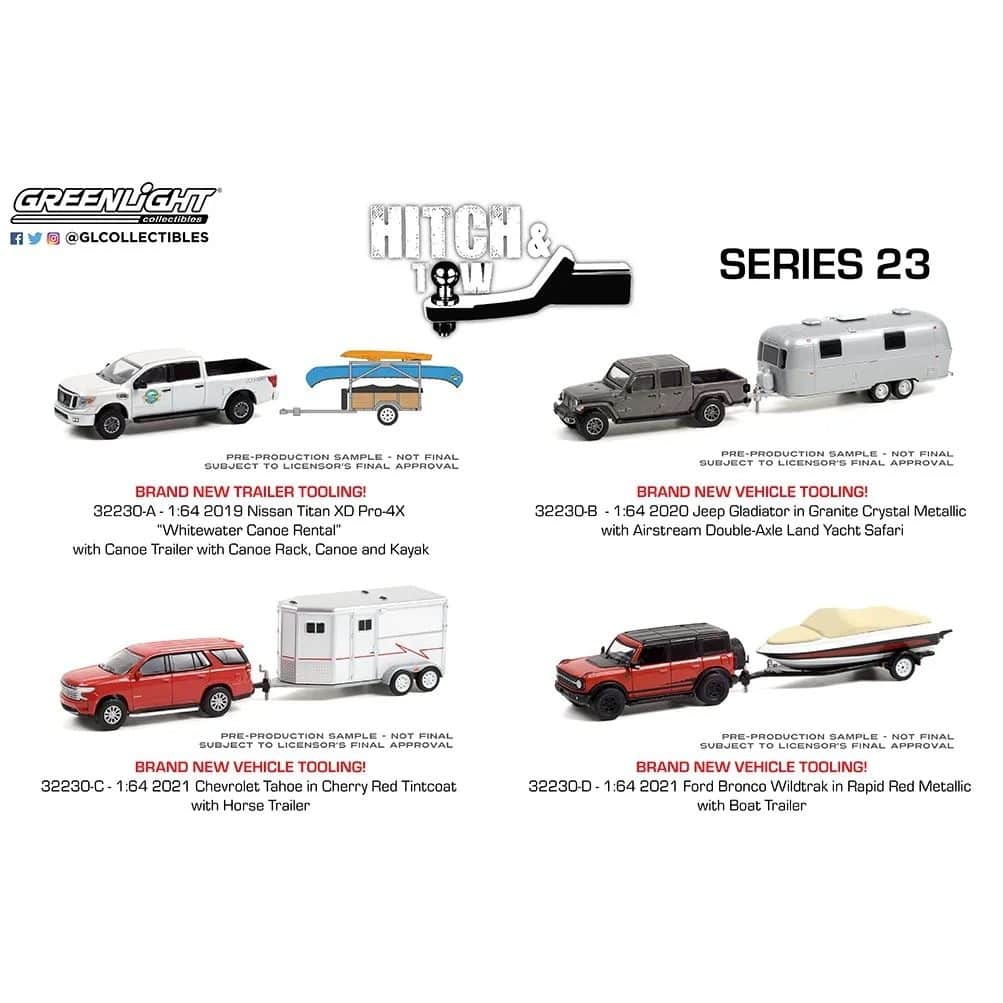 Greenlight 1/64 Hitch & Tow Series 23 - 2020 Jeep Gladiator & Airstream Land Yacht Safari Chase Car (ล้อเขียว) 32230-B