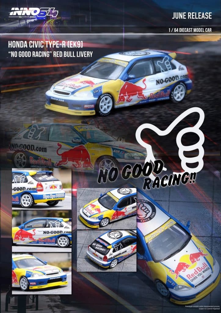 INNO64 1/64 Honda Civic EK9 No Good Racing - Red Bull Livery JDM Collection IN64-EK9-JDM14