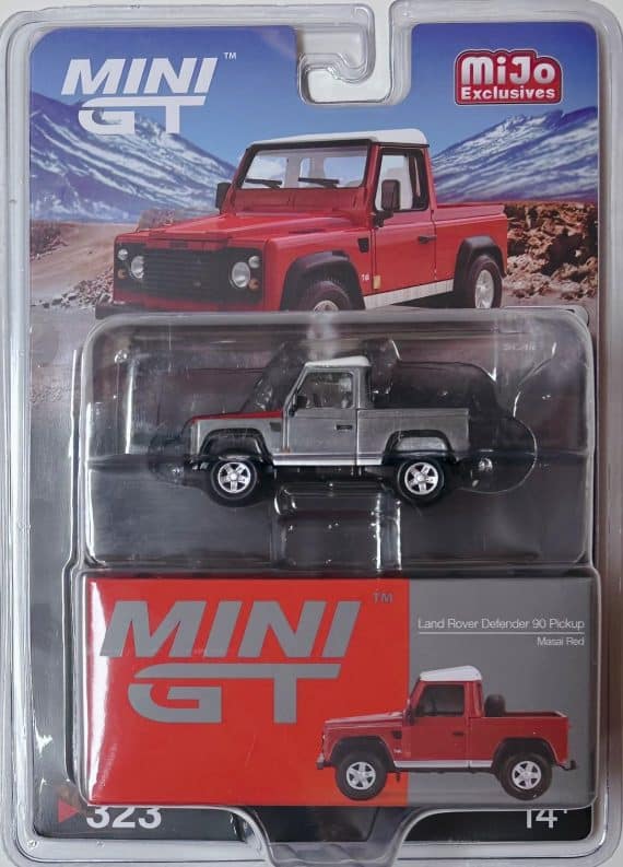 MINI GT No.323 Chase Car Land Rover Defender 90 Pickup Masai Red LHD / USA Blister Packaging MGT00323-MJC