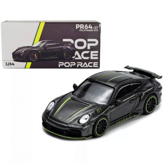 POP RACE 1/64 992 Stinger GTR Carbon Black with Bright Green Stripes PR64-17