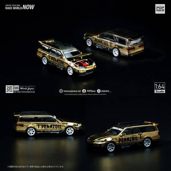 POP RACE 1/64 Nissan Stagea RHD (Right Hand Drive) #1 "Pennzoil" Gold Chrome with Carbon Top PR64-57