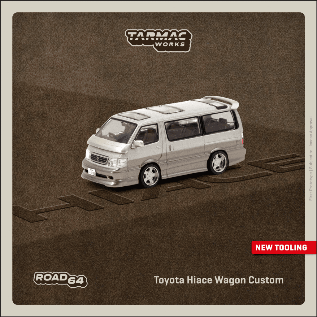 Tarmac Works 1/64 ROAD64 Toyota Hiace Wagon Custom Silver / Brown T64R-078-BR
