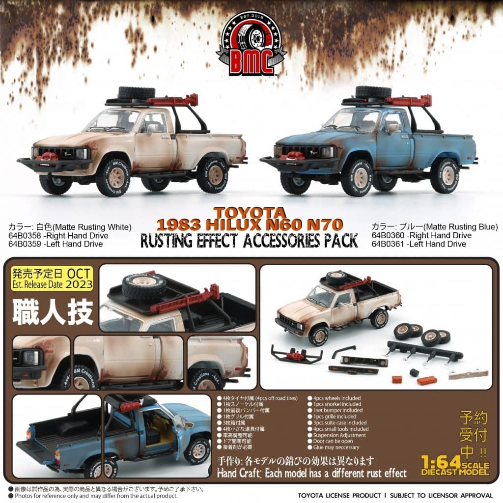 BM Creations 1/64 BMC Toyota Hilux 1980 N60 N70 Series Matte Rusting Blue RHD 64B0360