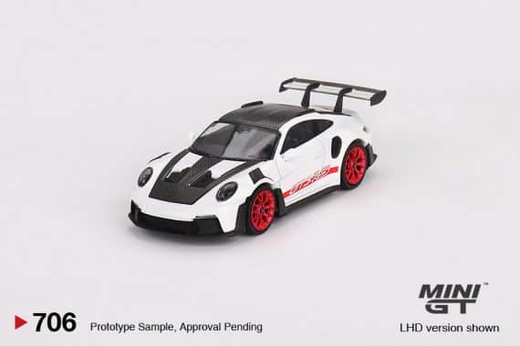 MINI GT No.706 Porsche 911 (992) GT3 RS Weissach Package White with Pyro Red MGT00706