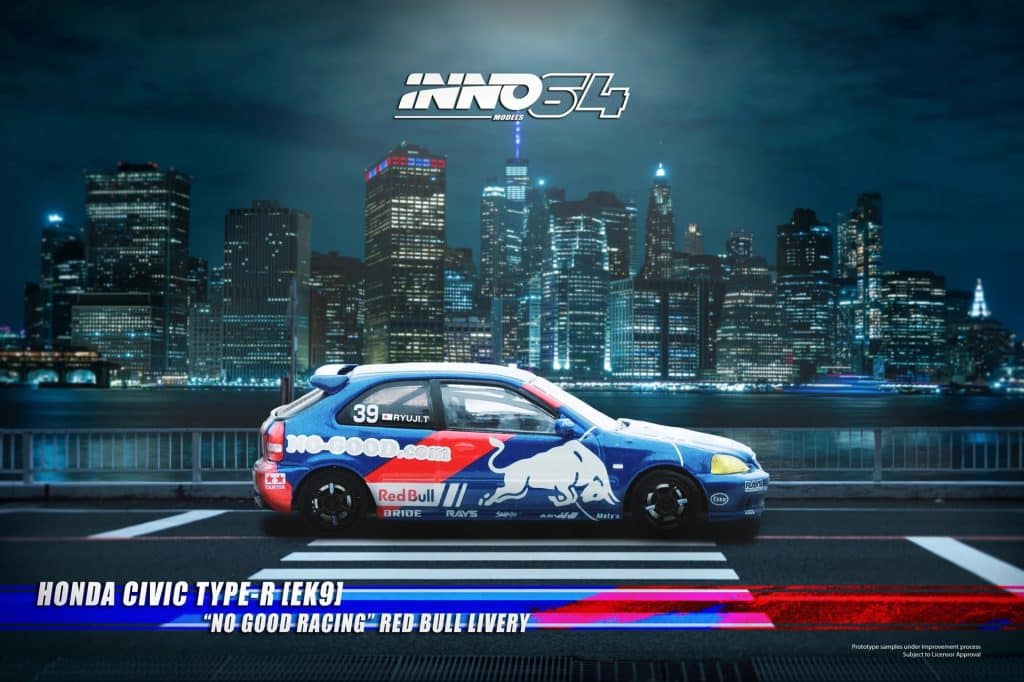 INNO64 1/64 Honda Civic Type-R (EK9) "No Good Racing" Red Bull Livery JDM Collection IN64-EX9-JDM16