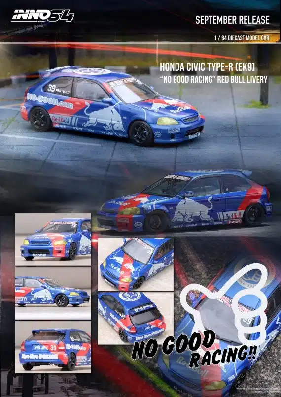 INNO64 1/64 Honda Civic Type-R (EK9) "No Good Racing" Red Bull Livery JDM Collection IN64-EX9-JDM16