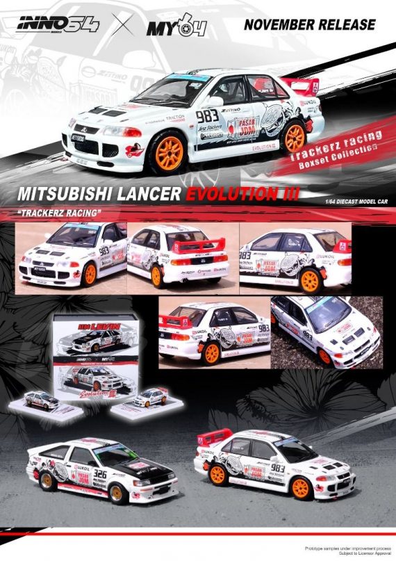 INNO64 1/64 Toyota Corolla AE86 Levin "TRACKERS RACING" & Mitsubishi Lancer Evolution III Box Set Collection Diecast Model Car IN64-TRACKERZ-BOX