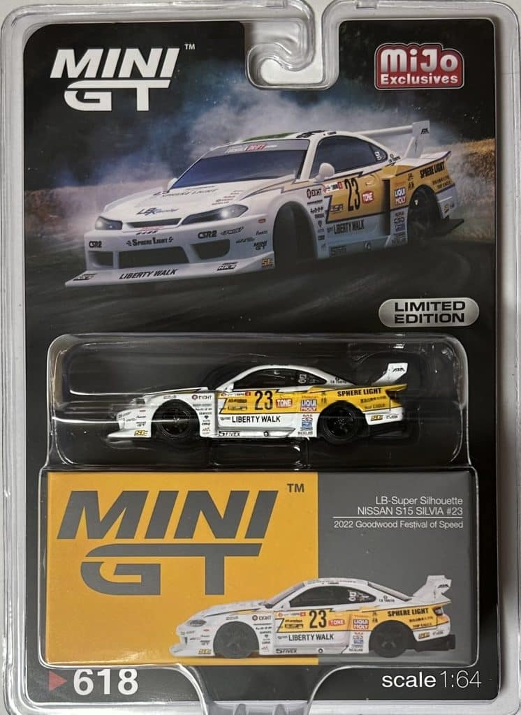 MINI GT No.618 miJo Exclusives Nissan LB-Super Silhouette S15 SILVIA #23 2022 Goodwood Festival of Speed USA Blister Packaging MGT00618-MJ Diecast model cars