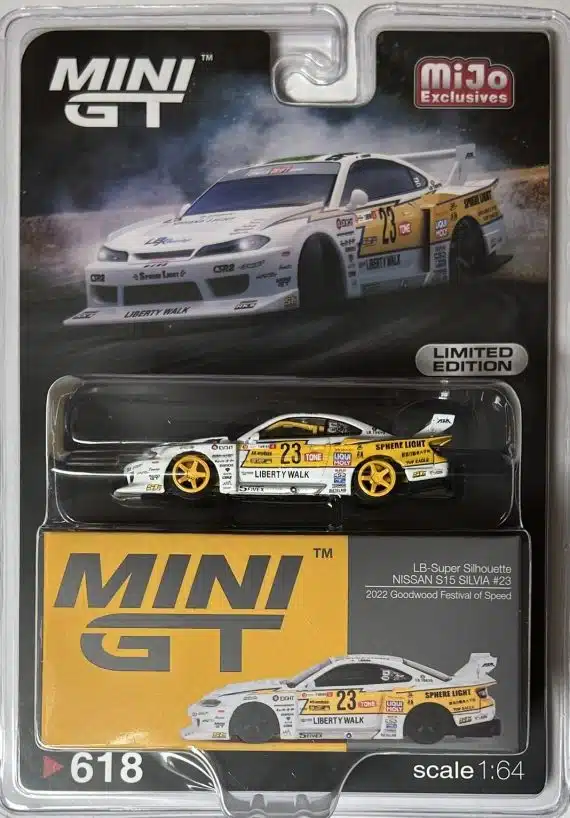 MINI GT No.618 miJo Exclusives Chase Car Nissan LB-Super Silhouette S15 SILVIA #23 2022 Goodwood Festival of Speed USA Blister Packaging MGT00618-MJC Diecast model cars
