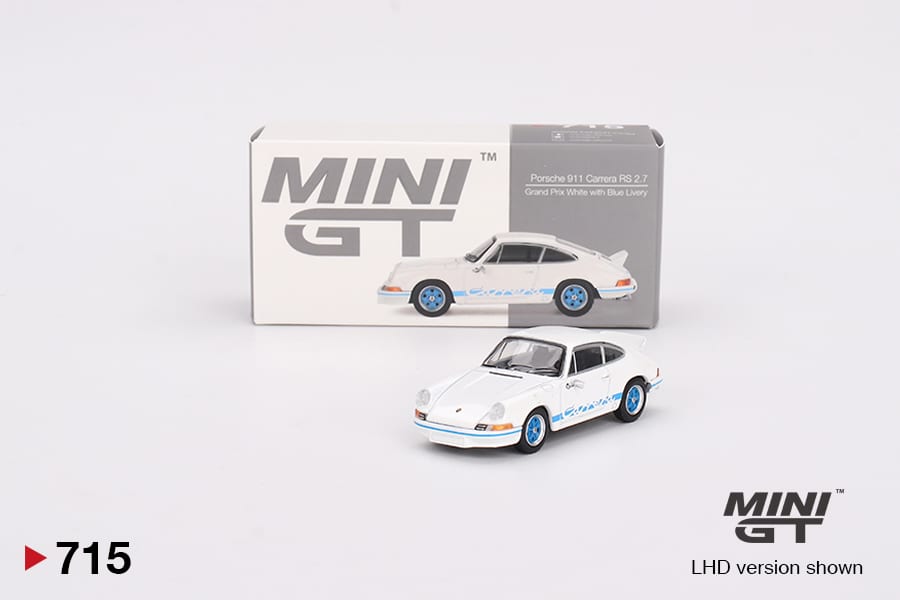 MINI GT No.715 Porsche 911 Carrera RS 2.7 Grand Prix White with Blue Livery MGT00715