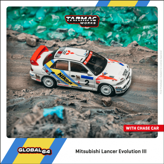 Tarmac Works 1:64 GLOBAL64 Mitsubishi Lancer Evolution III Hong Kong-Beijing Rally 1995 Winner