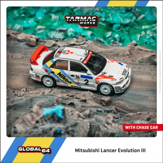 Tarmac Works 1:64 GLOBAL64 Mitsubishi Lancer Evolution III Hong Kong-Beijing Rally 1995 Winner
