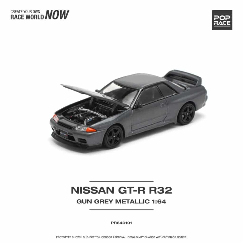 POP RACE 1:64 Nissan Skyline GT-R R32 - Gun Grey Metallic - Brand New Tooling PR640101