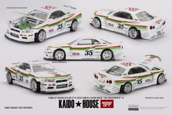 MINI GT No.167 Nissan Skyline GT-R (R34) TAMIYA x KAIDO HOUSE "The GRASSHOPPER" V1 KHMG167