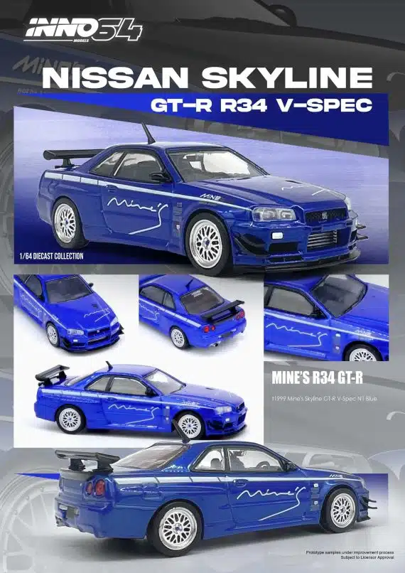 INNO64 1:64 Nissan Skyline GT-R (R34) V-SPEC Tuned by "MINE'S" IN64-R34VS-MINES-BL